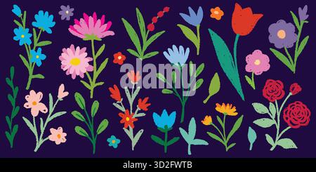 Adorabile pastello per bambini con fiori e foglie. Set di elementi per bambini disegnati a mano. i bambini disegnano piante in fiore Illustrazione Vettoriale