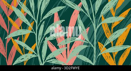Arte astratta colori beige linee tropicali foglie di sfondo vettoriale. Design della carta da parati con forma a foglie e foglia lineare scarabocchiare Illustrazione Vettoriale