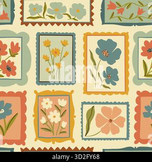 Cornice floreale per illustrazioni a cartoni animati retrò con motivo senza cuciture. Collezione di fiori in stile vintage. Griglia geometrica, decorazione a mosaico con bouquet naturale Illustrazione Vettoriale