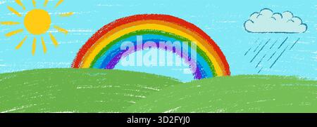 Arcobaleno, sole e pioggia, sfondo cielo. Paesaggio pastello per bambini con campo primaverile. Erba vettoriale, arcobaleno, cielo, nuvole pittura pastello a cera per bambini Illustrazione Vettoriale