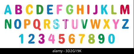 Crayon Kids font, doodle divertente e giocoso alfabeto. Numero di tipografia disegnato a mano da scribble Kid. Pastello di cera scolastica abc graziosa lettera di scrittura dell'asilo Illustrazione Vettoriale