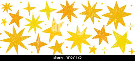 Motivo Vector per bambini con stelle a forma di doodle. Sfondo vettoriale senza cuciture, marcatori blu e arancioni e pattern di schizzo con tratto di pennello Illustrazione Vettoriale