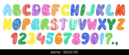 Crayon Kids font, doodle divertente e giocoso alfabeto. Numeri di tipografia disegnati a mano da scribble Kid. Pastello di cera scolastica abc lettere giocose Illustrazione Vettoriale
