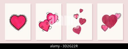 Il giorno di San Valentino e il modello di tessera nuziale. Acquerello e cuori dello schizzo. Tessere per le vacanze semplici e minimalistiche Illustrazione Vettoriale