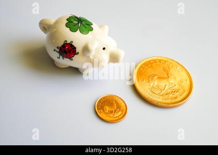 Piggy Bank con Un Lucky Shamrock e Un coccinello, circondato da scintillanti monete di Golden Krugerrand, su sfondo grigio chiaro, simboleggiano il Thrift e la fortuna. Foto Stock