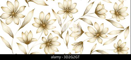 Sfondo di lusso con fiori vintage e foglie senza cuciture. Elegante fiore d'oro disegnato a mano in stile art di linea. Illustrazione vettoriale Illustrazione Vettoriale