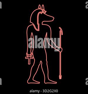 Divinità anubi al neon con testa di sciacallo antico dio egiziano tiene il bastone e la silhouette a croce di un'anca mitica immagine vettoriale rossa stile piatto Illustrazione Vettoriale