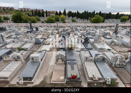 Madrid, Spagna. 1 novembre 2025. Tombe al cimitero di la Almudena durante il giorno di Ognissanti. La gente visita i cimiteri di tutta la Spagna per onorare i parenti deceduti in occasione del giorno di Ognissanti, una festa e una tradizione cattolica il 1° novembre. Crediti: Marcos del Mazo/Alamy Live News Foto Stock