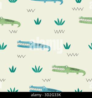 Modello a coccodrillo cartoni animati. Sfondo vettoriale senza cuciture con alligatori ad acquerello Illustrazione Vettoriale