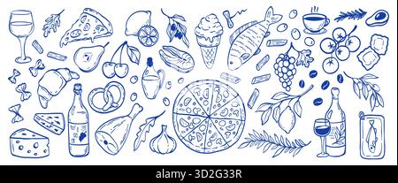 Vintage estate blu Mediterraneo e cibo. Disegno a doodle disegnato a mano. Disegni di tavoli in stile dolce vita per poster da cucina, matrimoni Illustrazione Vettoriale