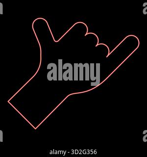 Simbolo shaka al neon mano segno di saluto hawaiano segno di chiamata telefono sciolto navigare in rosso immagine vettoriale luce piatta Illustrazione Vettoriale