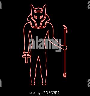 Divinità anubi al neon con testa di sciacallo antico dio egiziano tiene il bastone e la silhouette a croce di un'anca mitica immagine vettoriale rossa stile piatto Illustrazione Vettoriale