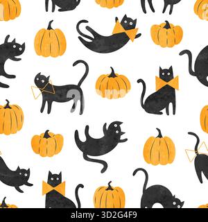 Stampa di Halloween. Motivo senza cuciture con gatto acquerello e zucche Illustrazione Vettoriale