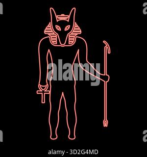 Divinità anubi al neon con testa di sciacallo antico dio egiziano tiene il bastone e la silhouette a croce di un'anca mitica immagine vettoriale rossa stile piatto Illustrazione Vettoriale