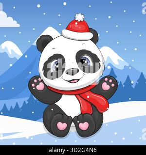 Carino cartone animato Panda con sciarpa rossa e cappello in inverno. Illustrazione vettoriale di animali in natura su sfondo blu con neve. Illustrazione Vettoriale