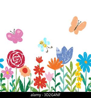 Doodle per bambini che disegnano a mano pastelli, cera, matita, gesso o grana carbonella. fiori e piante da bambino, erba e sottofondo cielo. Campo, prato, giardino Illustrazione Vettoriale