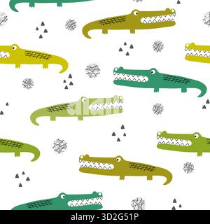 Modello a coccodrillo cartoni animati. Sfondo vettoriale senza interruzioni con alligatori. Stampa bambino Illustrazione Vettoriale