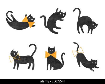 Simpatici gatti neri acquerelli con archi arancioni. Set vettoriale di Halloween Illustrazione Vettoriale