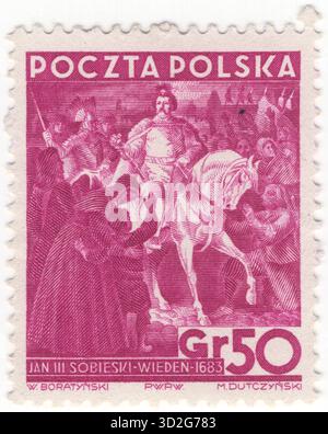 POLONIA — 1938 novembre 11: 50 francobollo grosz rosso-viola brillante raffigurante Giovanni III Sobieski che entra a Vienna. La battaglia di Vienna ebbe luogo sul monte Kahlenberg vicino a Vienna il 12 settembre 1683 dopo che la città era stata assediata dall'Impero ottomano per due mesi. La battaglia fu combattuta dal Sacro Romano Impero (guidato dalla monarchia asburgica e dalla Confederazione polacco-lituana, entrambi sotto il comando del re Giovanni III Sobieski) contro gli ottomani e i loro stati vassalli e tributari Foto Stock