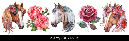 Cavalli con cornice floreale, cerchio, corona isolata su sfondo bianco. Ritratto in stile vintage, testa. Acquerello. Illustrazione Foto Stock