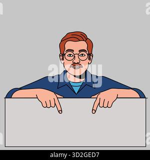 Uomo con bicchieri e baffi punta verso il basso su un segno vuoto Illustrazione Vettoriale