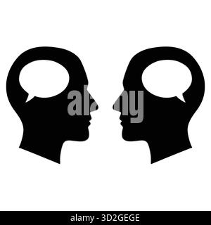 Due teste sagomate rivolte l'una verso l'altra con bolle di pensiero Illustrazione Vettoriale