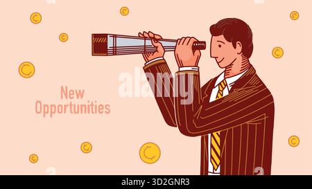 Un uomo d'affari in tuta con un telescopio in cerca di nuove opportunità nella sua azienda commerciale. Concetto finanziario, delineare lo stile disegnato a mano Illustrazione Vettoriale