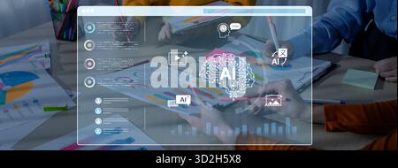 Un dashboard di intelligenza artificiale generativa per la creazione di contenuti multimediali diversificati. Il cervello digitale della piattaforma può generare anche immagini, video, voce e testo Foto Stock