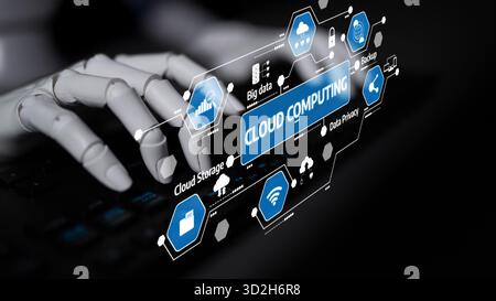 Una mano digitale interagisce con un'interfaccia di cloud computing, mostrando varie icone relative all'archiviazione dei dati, alla privacy e alla gestione in un ambiente tecnologico moderno Foto Stock