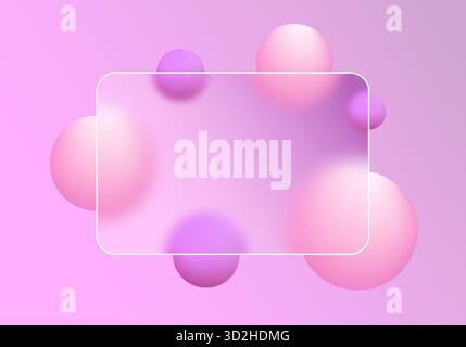 Sfondo delicato con sfumatura rosa, sfere viola e cornice trasparente. Foto Stock