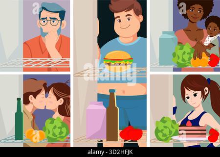 Illustrazione vettoriale sotto forma di una griglia di sei scene raffiguranti persone diverse uomini, donne, una coppia, una famiglia in piedi davanti Illustrazione Vettoriale