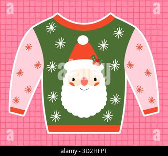 Simpatico maglione rosso e verde vettoriale brutto natalizio con Babbo Natale e fiocchi di neve, appiccicosa illustrazione del maglione Illustrazione Vettoriale