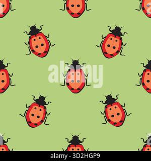Ladybugs, divertente motivo senza interruzioni su sfondo verde. Per i bambini vestiti, tessuti, carta da imballaggio. Vettore Illustrazione Vettoriale