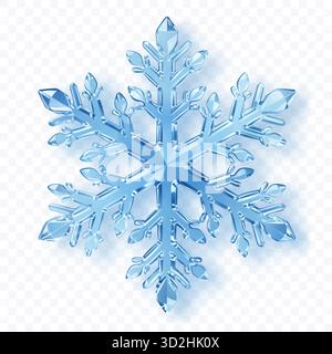 Un complesso fiocco di neve a sei punte con sfaccettature cristalline in sfumature di blu con ombre morbide su sfondo trasparente. Trasparenza solo nel vettore f Illustrazione Vettoriale