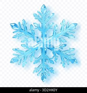 Un complesso fiocco di neve a sei punte con sfaccettature cristalline in sfumature di blu chiaro con ombre morbide su sfondo trasparente. Trasparenza solo in ve Illustrazione Vettoriale