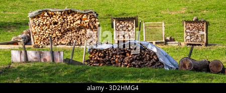 Pile di legna da ardere ricoperte di teloni su un campo erboso. Foto Stock