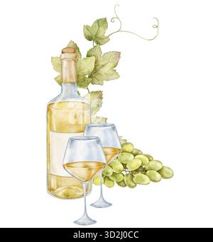 Acquerello naturale con bottiglie di vino bianco, bicchieri, formaggio, uva e foglie di vite. Elegante composizione gourmet adatta per il marchio del vino, il pacchetto Foto Stock
