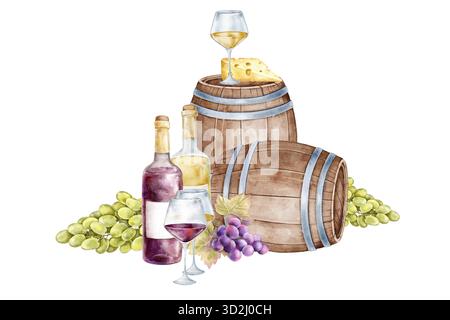 Acquerello naturale con bottiglie di vino, botti di legno, formaggio, uva e bicchieri. Composizione gastronomica rustica adatta per menu vigneti, ristorante Foto Stock