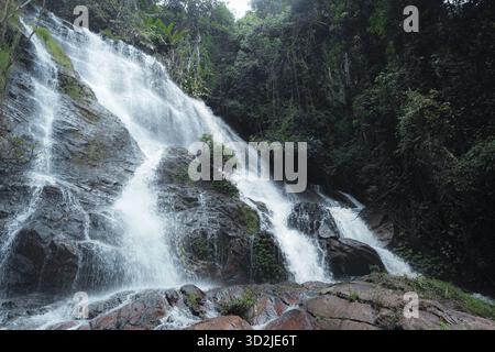 Le maestose cascate si innalzano su rocce rocciose tra lussureggianti foreste tropicali, rivelando un potente paesaggio naturale. l'acqua fresca e fluente offre un punto di riferimento Foto Stock
