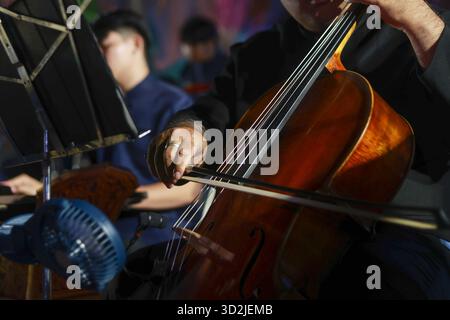 Musicista concentrato che suona il violoncello in un concerto d'orchestra di musica classica. Questa esibizione appassionata mostra il primo piano di mano, arco e strumento a corde du Foto Stock