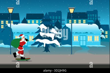 Illustrazione vettoriale di Babbo Natale che cavalca uno skateboard attraverso una strada innevata del quartiere di notte. Unisce il fascino tradizionale delle vacanze a un moderno Illustrazione Vettoriale