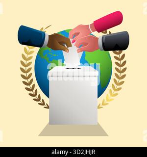 Giornata internazionale della democrazia. Illustrazione vettoriale di mani diverse che gettano schede in una scatola, appoggiate su un globo e corona d'alloro che simboleggia glo Illustrazione Vettoriale