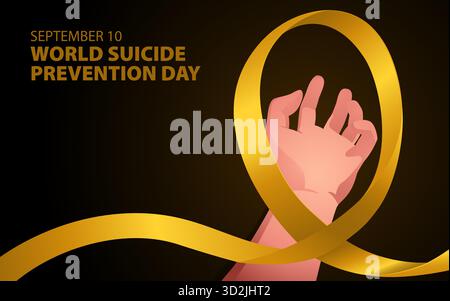 Illustrazione della giornata mondiale della prevenzione del suicidio. Mani sdraiate sul pavimento con un nastro giallo di consapevolezza. Illustrazione Vettoriale