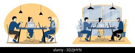 Illustrazione vettoriale di un gruppo di giovani professionisti che lavorano insieme a un tavolo in un ufficio moderno o in uno spazio di coworking Illustrazione Vettoriale