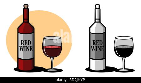 Illustrazione in bottiglia di vino rosso e vetro, icona vettoriale a colori e monocromatica Illustrazione Vettoriale