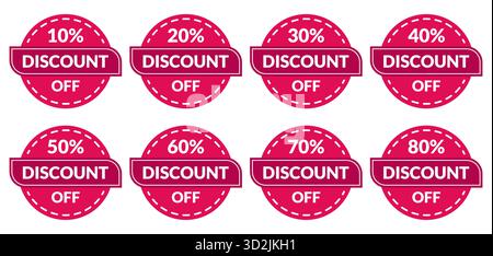 Set vettoriale di etichette di vendita rosa brillante con varie percentuali di sconto design dell'etichetta isolato su sfondo bianco che rappresenta la promozione dei prezzi Illustrazione Vettoriale