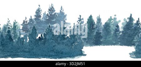 Paesaggio di una pineta nebbiosa in tenui toni blu-verde. Acquerello dipinto a mano motivo senza cuciture con texture naturale, perfetto per striscioni Foto Stock