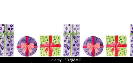 Scatole regalo legate con un nastro e un fiocco. Bordo senza cuciture acquerello isolato su bianco. Perfetto per Natale, Capodanno, compleanno, decorazioni per festeggiamenti Foto Stock