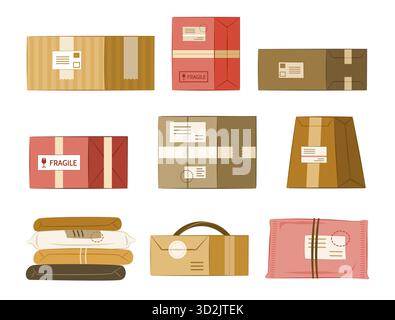 Set di scatole di cartone per pacchi di vari stili per la spedizione postale e la progettazione di elementi di design logistici Clip Art Illustrazione Vettoriale