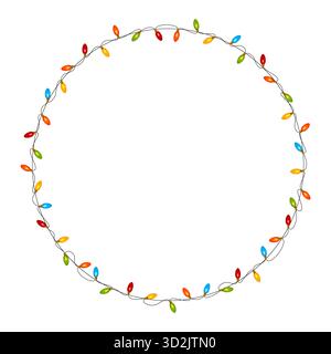 Telaio rotondo realizzato in una ghirlanda festosa con lampadine multicolore. Luci decorative anni '80 anni '90 per Natale, Capodanno, compleanno Illustrazione Vettoriale